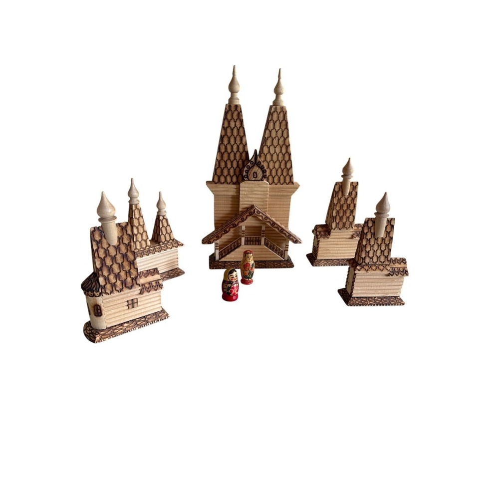 Russian Wooden Church & Matryoshka Doll Set Handcrafted Souvenir Decor Art. St.